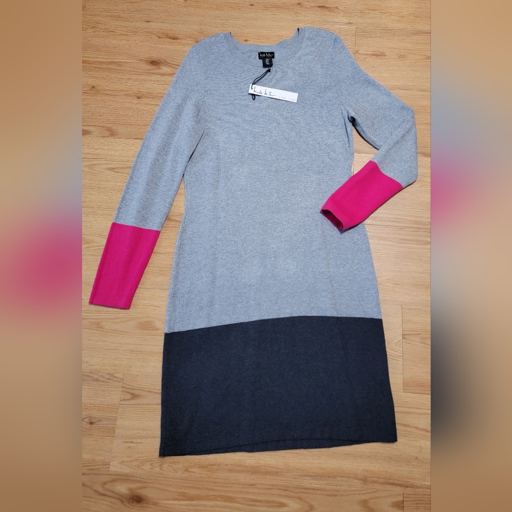 Nicole Miller Cotton Blend Sweater Dress in M Gray Knit Long Sleeve